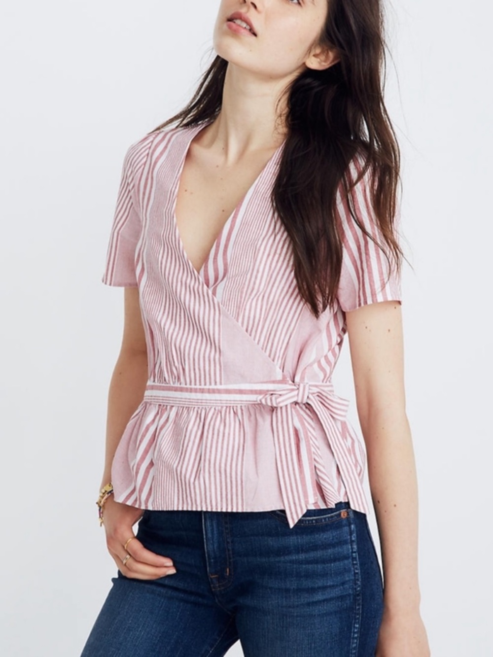 Madewell Red and White Striped Wrap Peplum Blouse